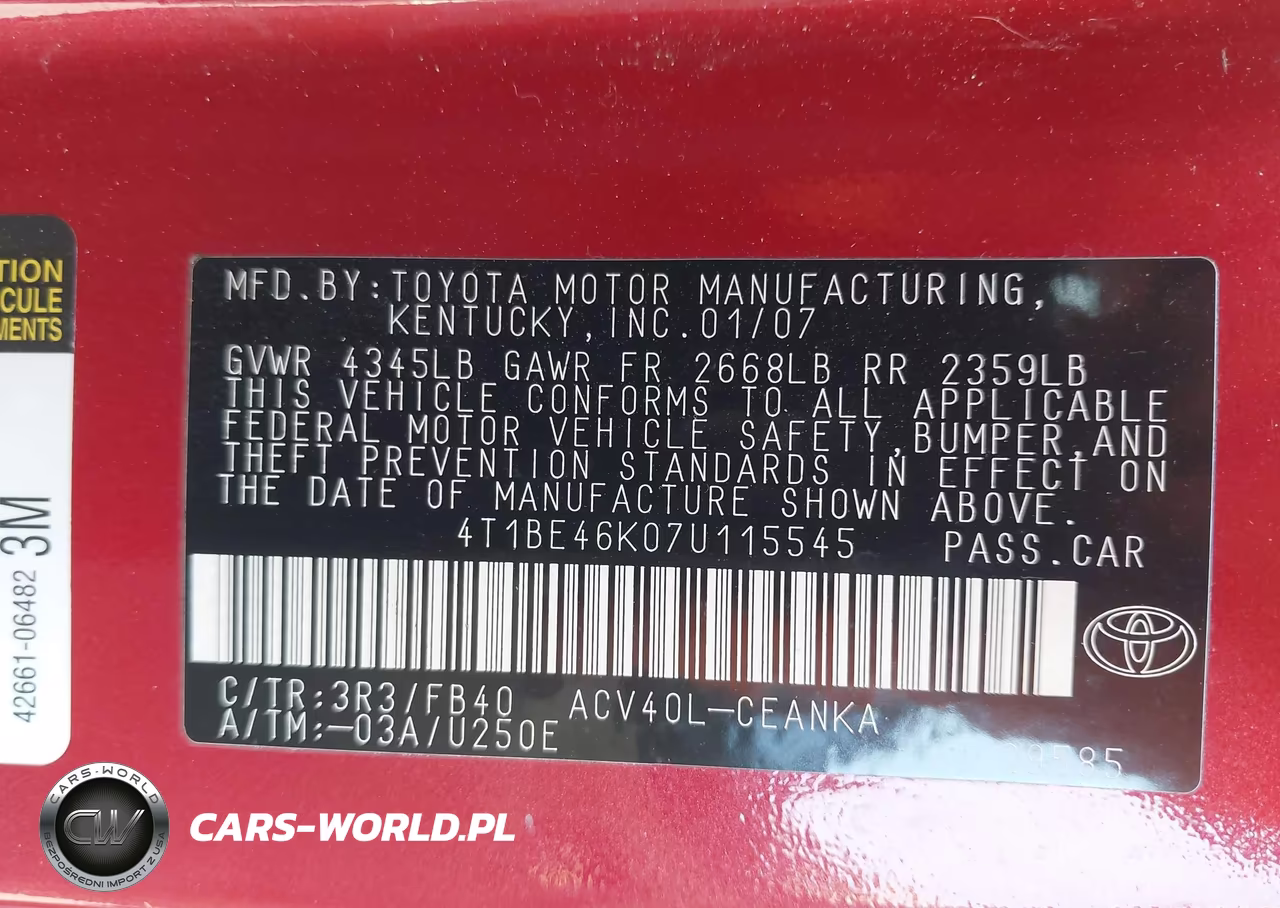 2007 Toyota Camry Le VIN:4T1BE46K07U115545 - 9