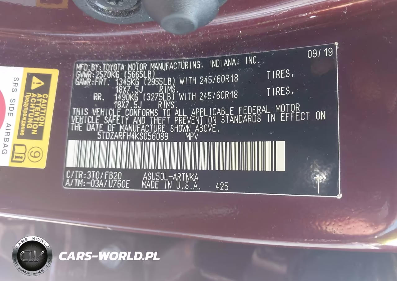 2019 Toyota Highlander Le VIN:5TDZARFH4KS056089 - 9