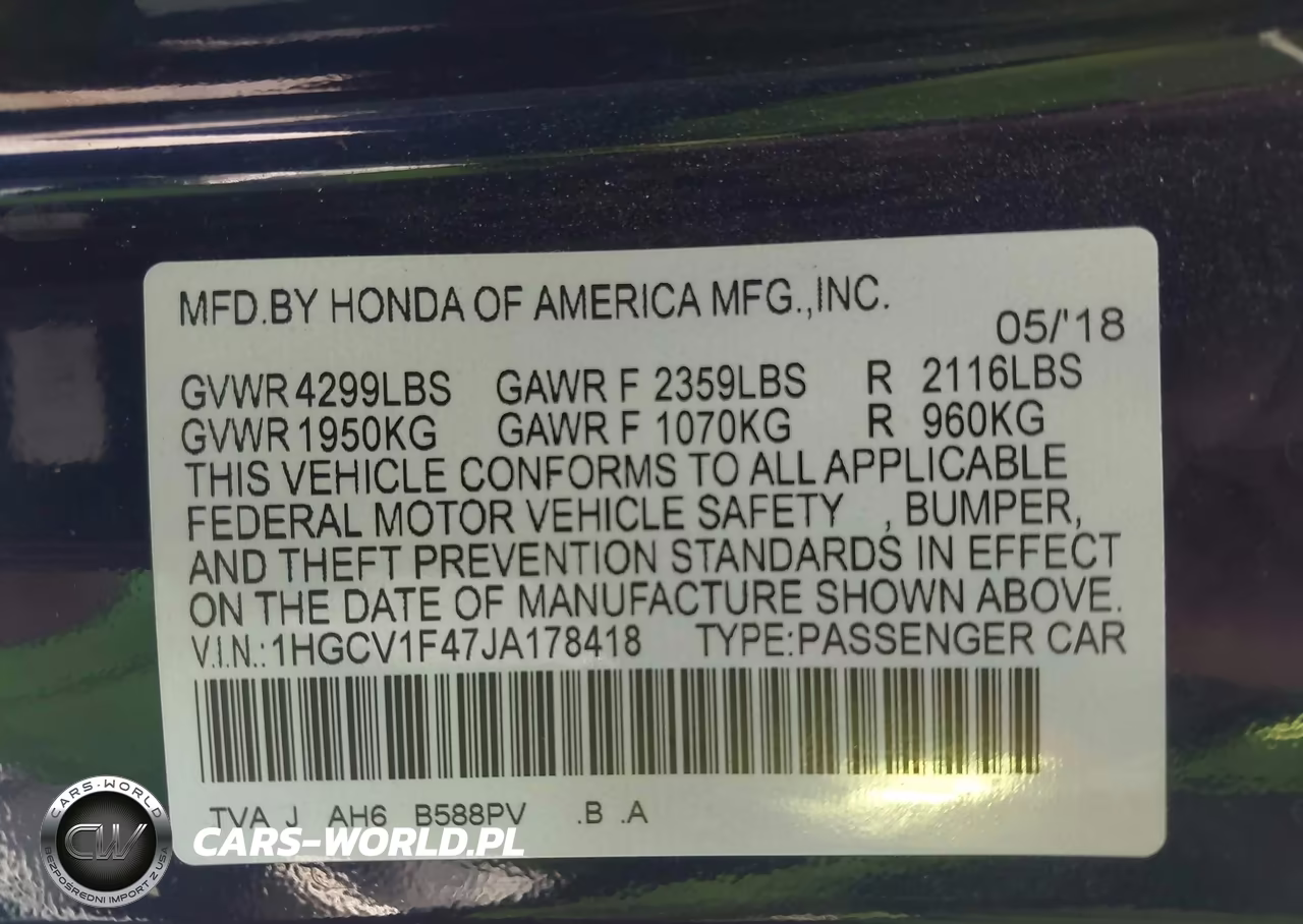 2018 Honda Accord Ex VIN:1HGCV1F47JA178418 - 9
