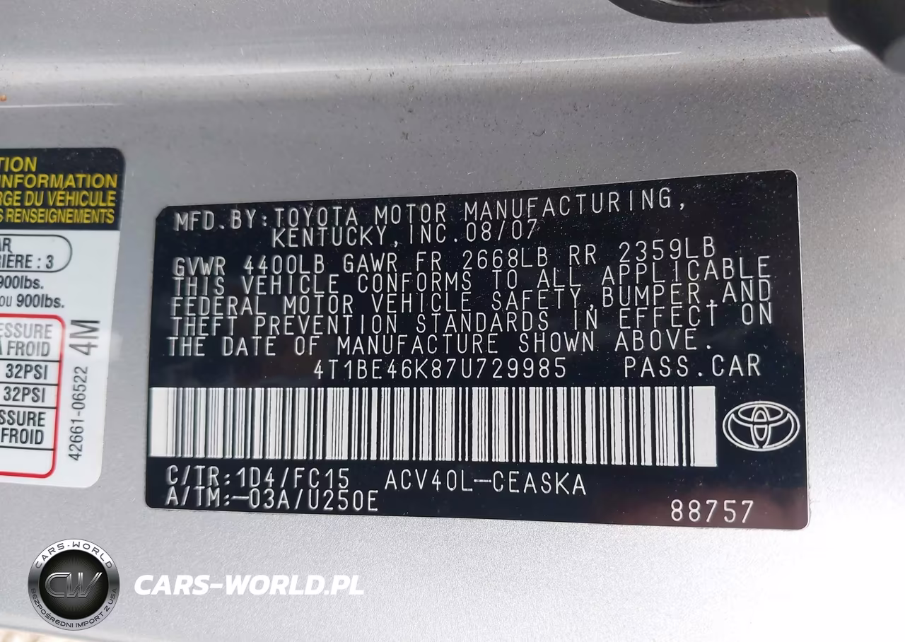 2007 Toyota Camry Se VIN:4T1BE46K87U729985 - 9