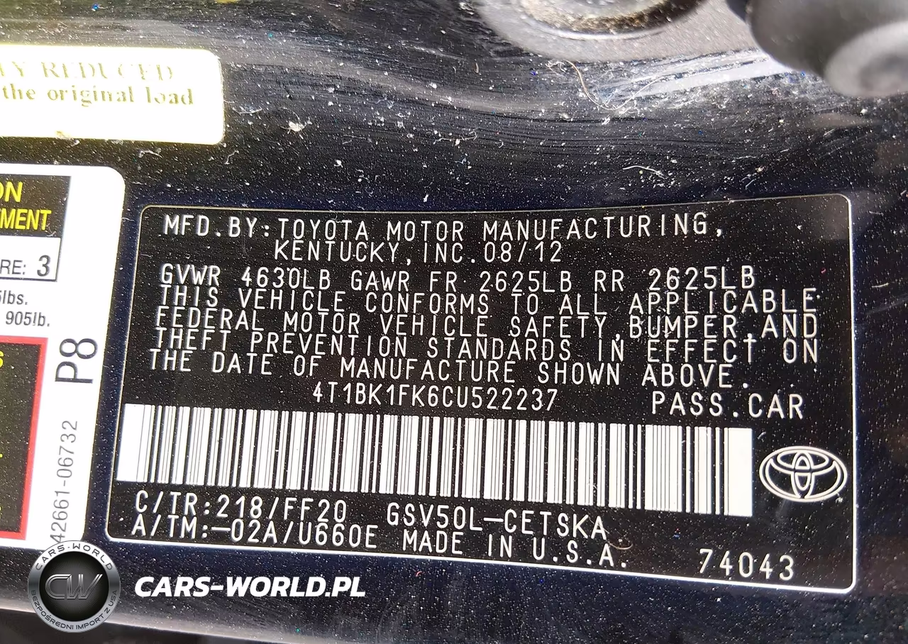 2012 Toyota Camry Se V6 VIN:4T1BK1FK6CU522237 - 9