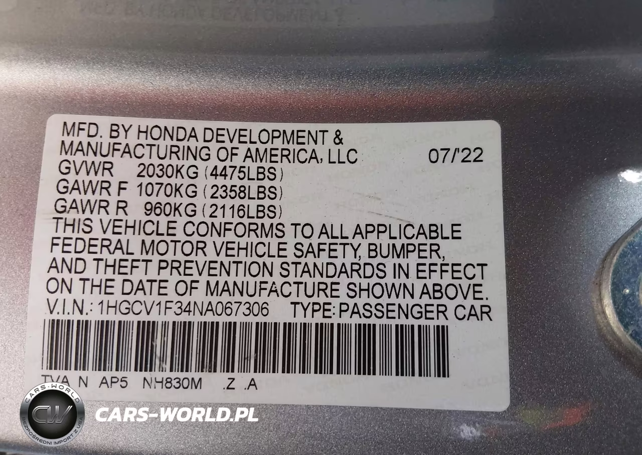 2022 Honda Accord Sport VIN:1HGCV1F34NA067306 - 9