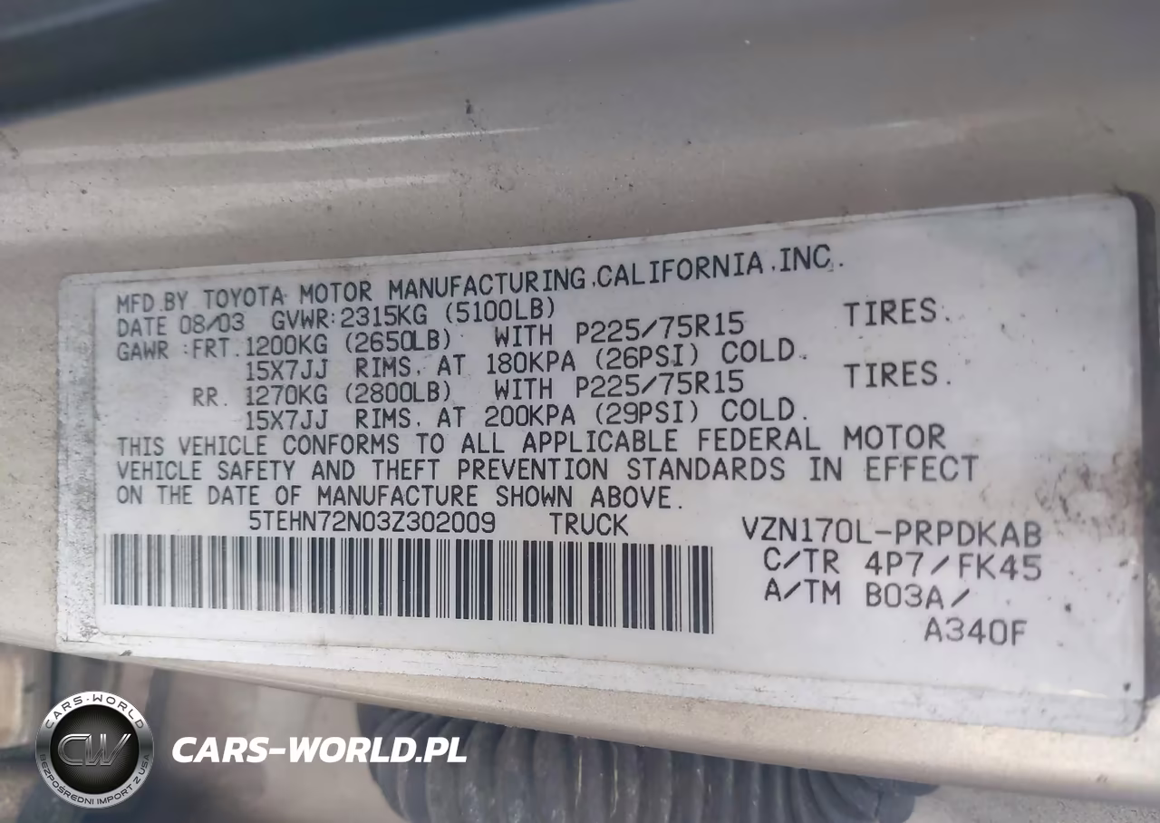 2003 Toyota Tacoma Base V6 VIN:5TEHN72N03Z302009 - 9