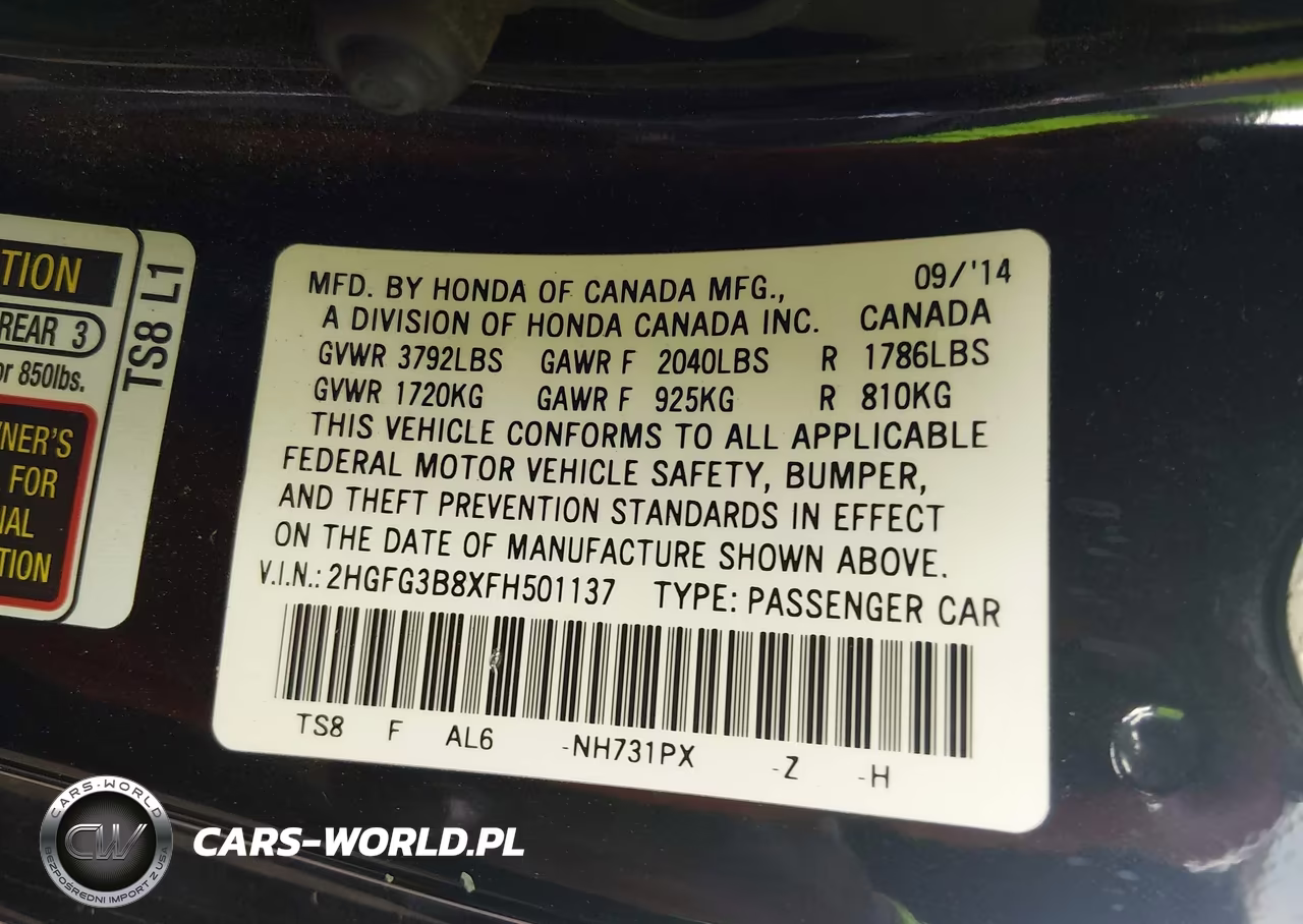 2015 Honda Civic Ex VIN:2HGFG3B8XFH501137 - 9