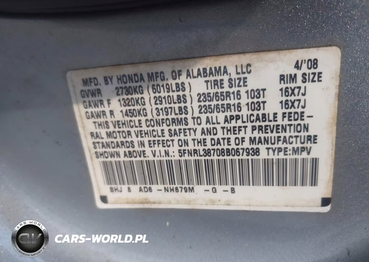 2008 Honda Odyssey Ex-L VIN:5FNRL38708B067938 - 9