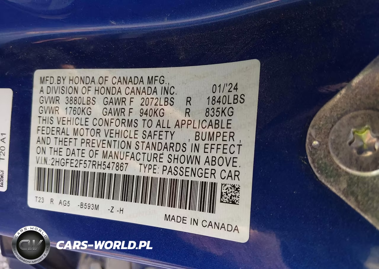 2024 Honda Civic Sport VIN:2HGFE2F57RH547867 - 9