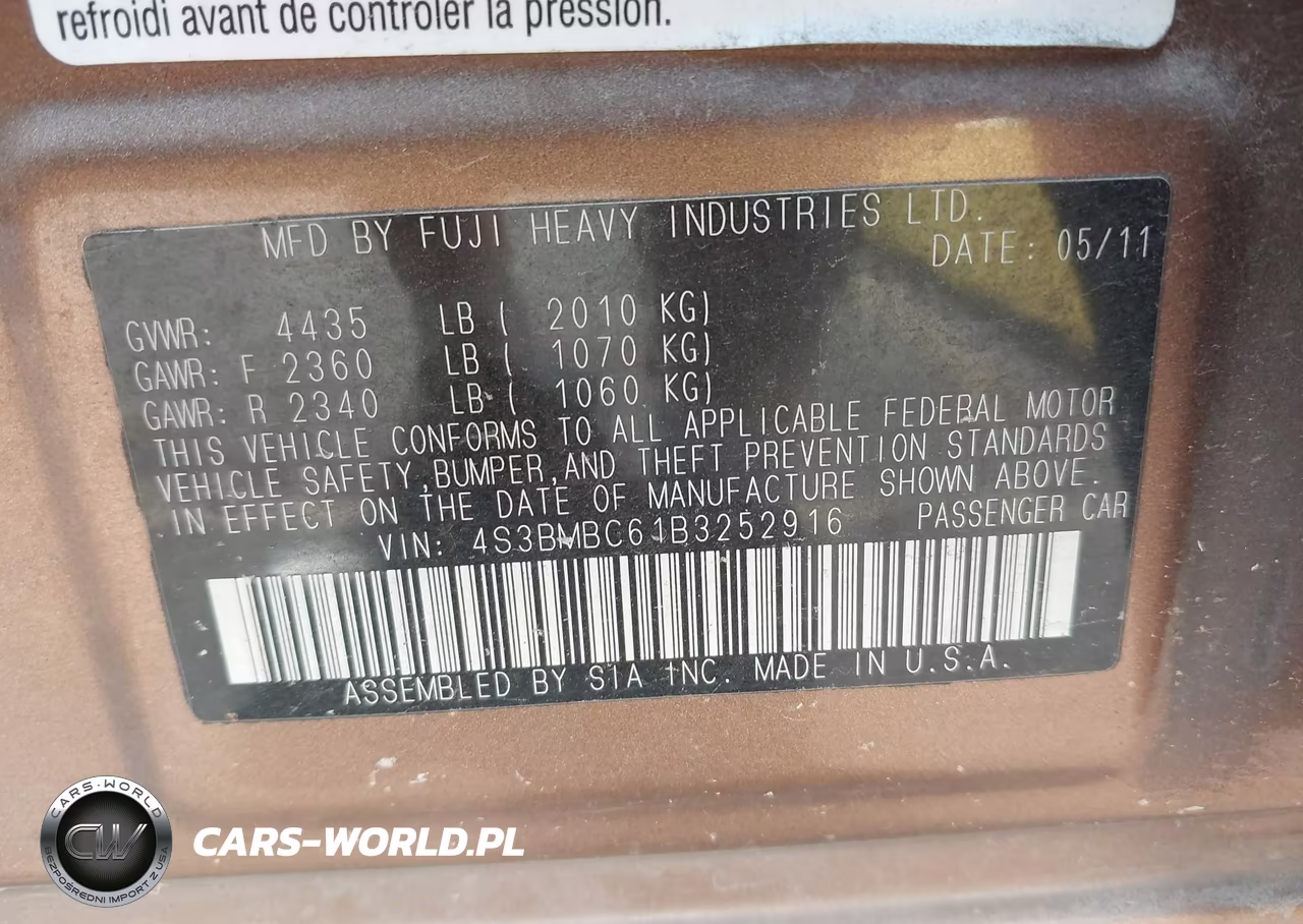 2011 Subaru Legacy 2.5I Premium VIN:4S3BMBC61B3252916 - 9