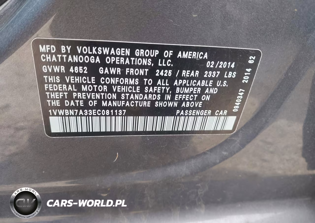 2014 Volkswagen Passat 2.0L Tdi Se VIN:1VWBN7A33EC081137 - 9
