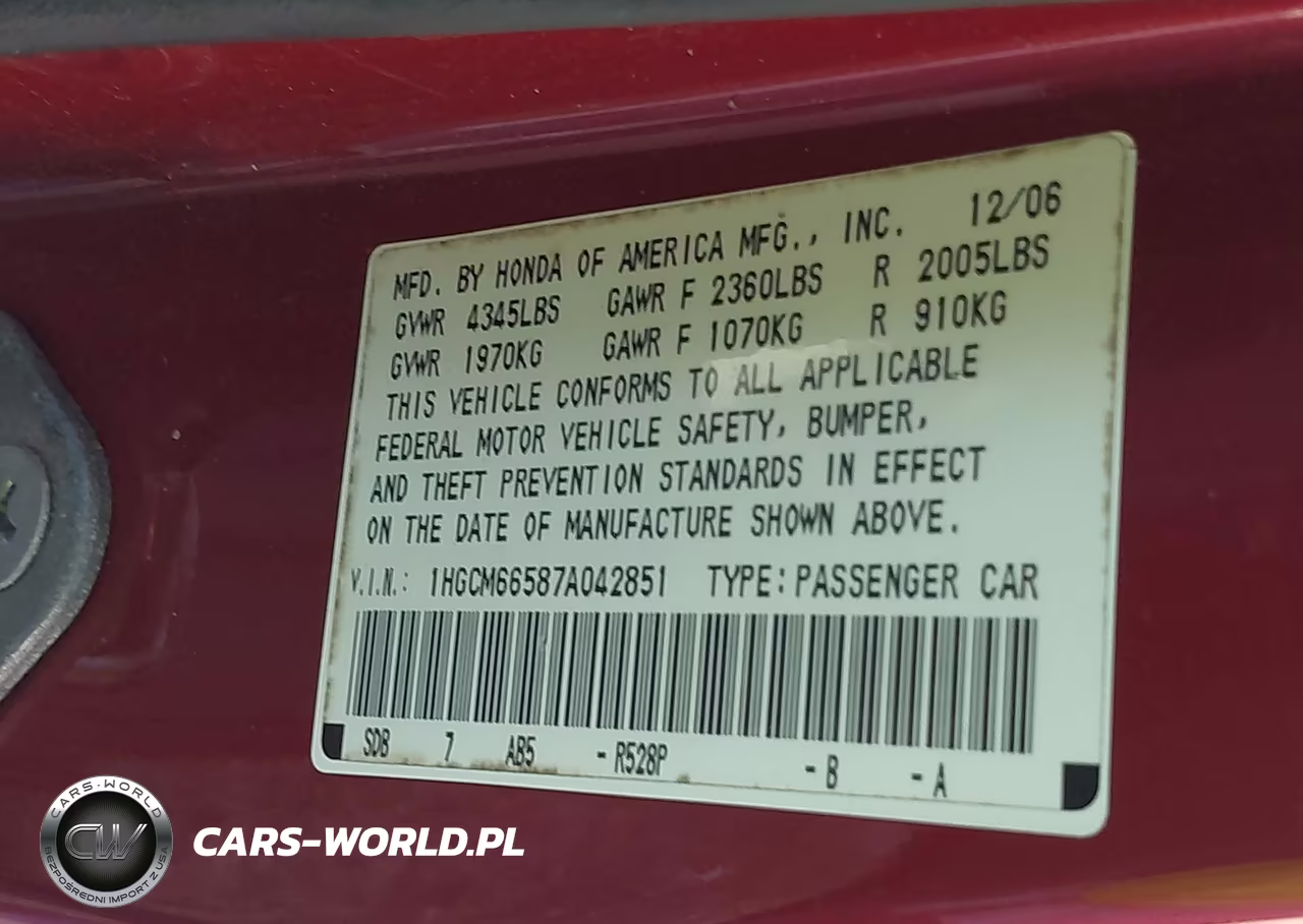 2007 Honda Accord 3.0 Ex VIN:1HGCM66587A042851 - 9