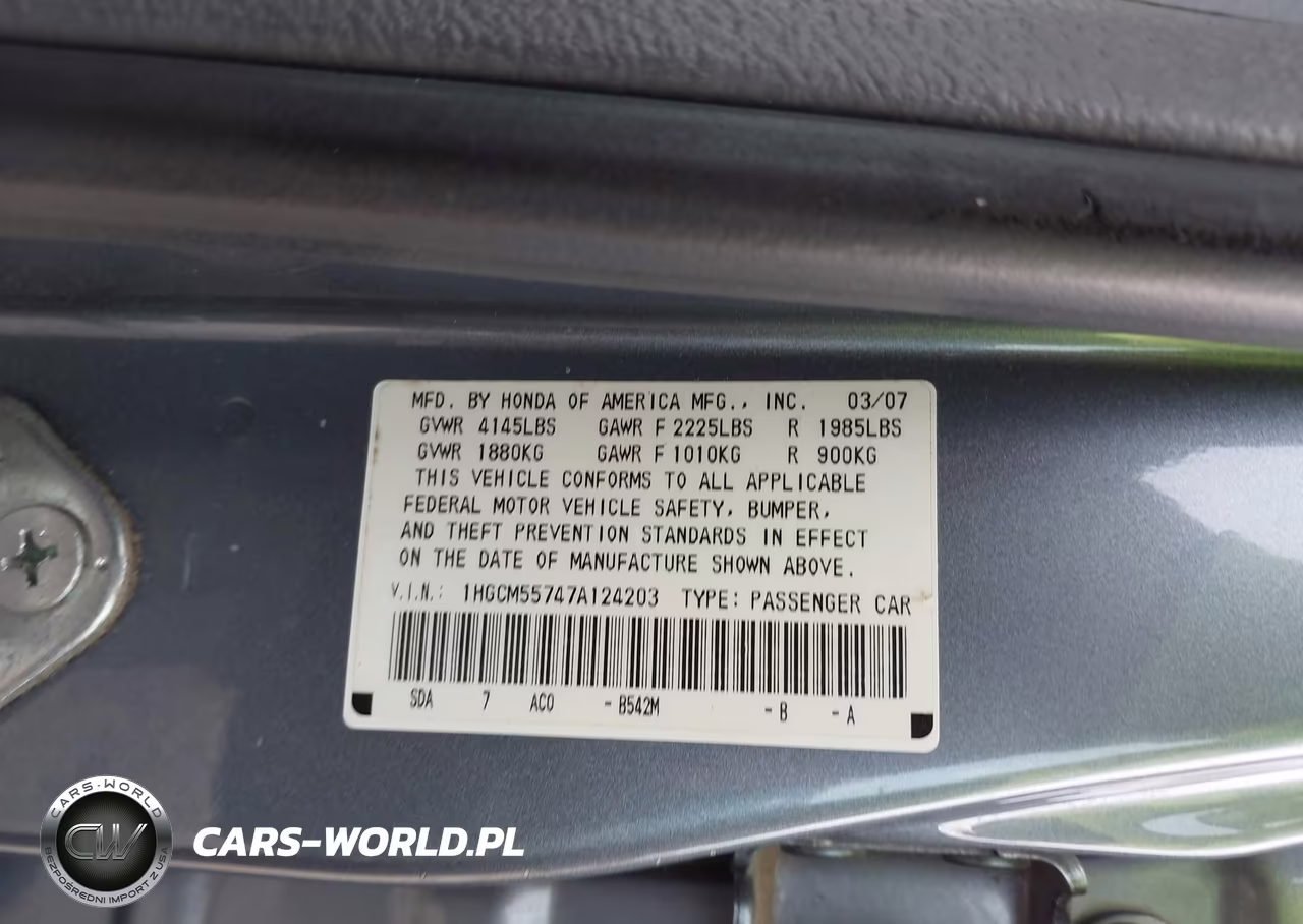 2007 Honda Accord 2.4 Ex VIN:1HGCM55747A124203 - 9