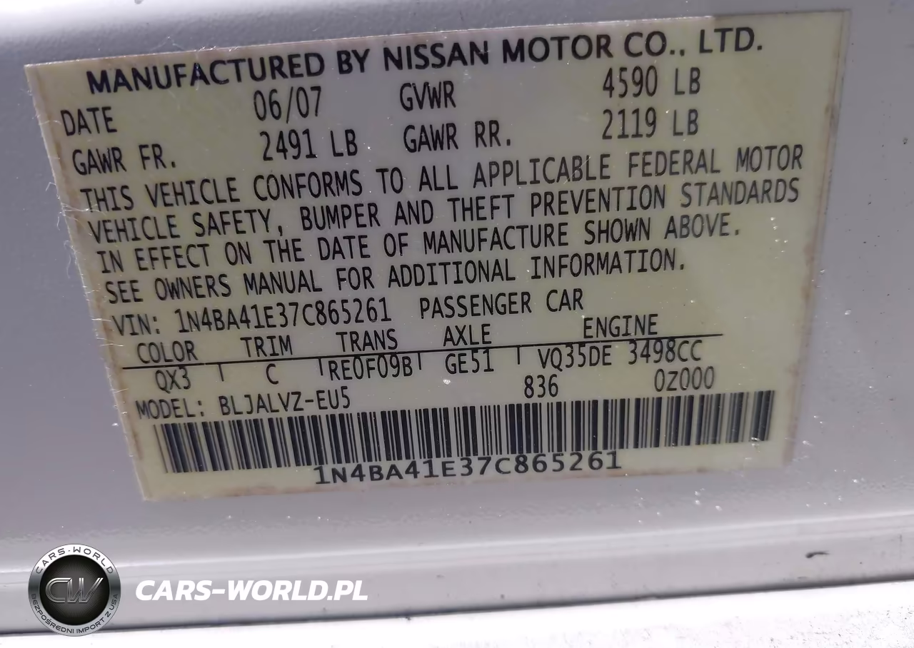 2007 Nissan Maxima 3.5 Se VIN:1N4BA41E37C865261 - 9