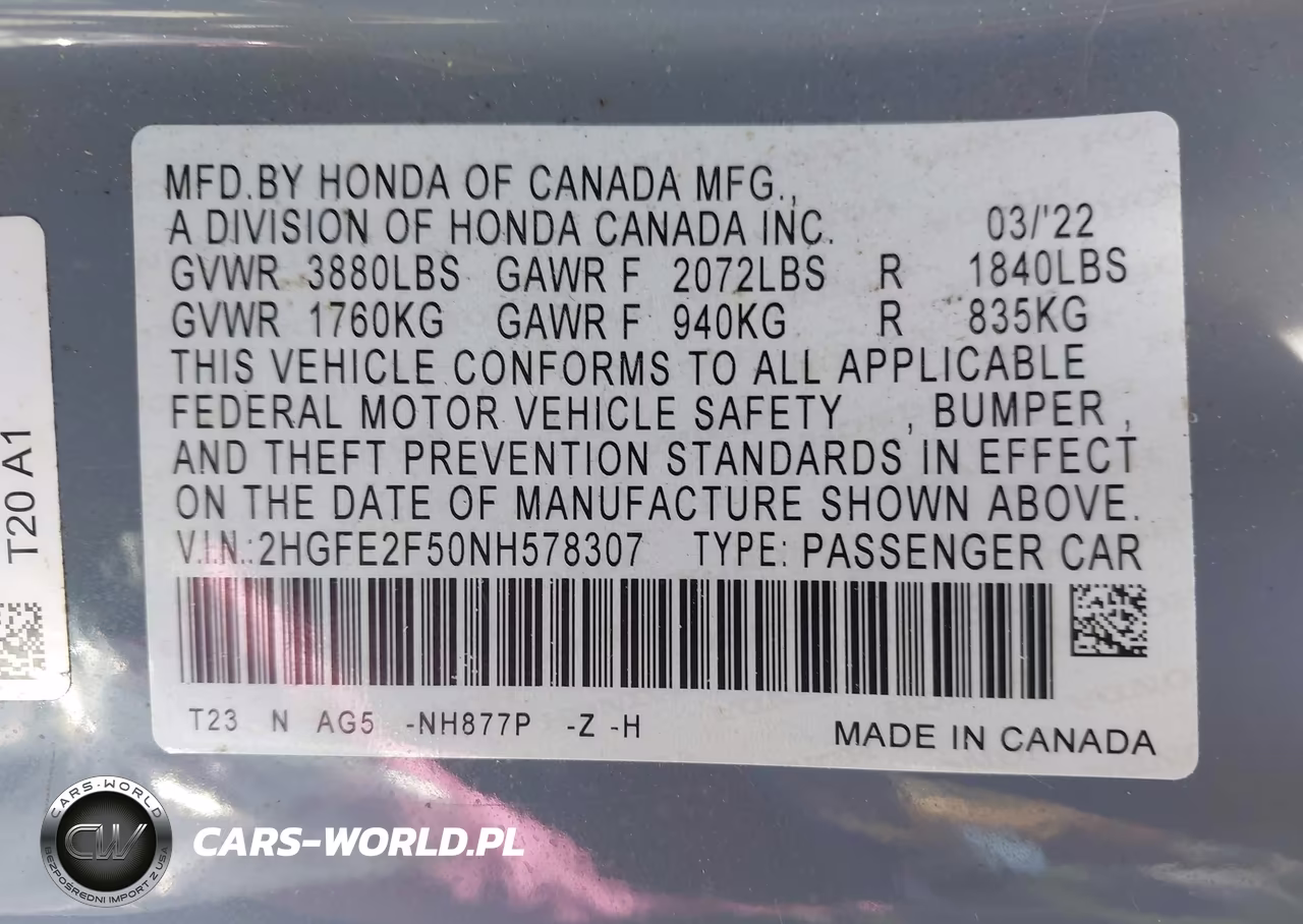 2022 Honda Civic Sport VIN:2HGFE2F50NH578307 - 9