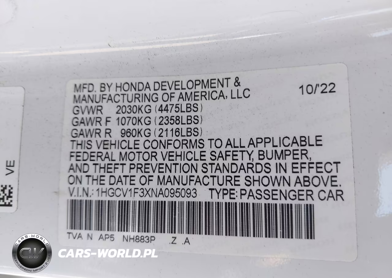 2022 Honda Accord Sport VIN:1HGCV1F3XNA095093 - 9