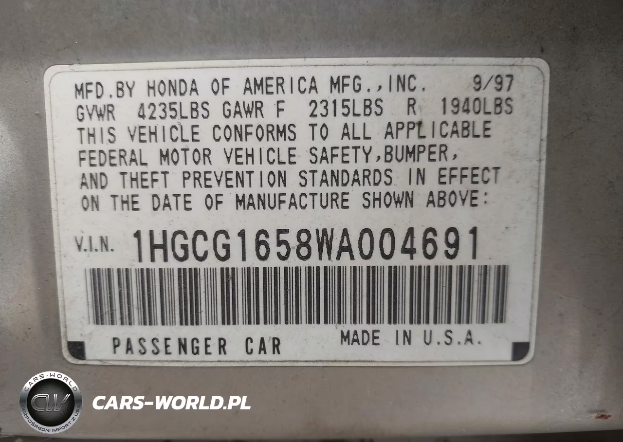 1998 Honda Accord Ex V6 VIN:1HGCG1658WA004691 - 9