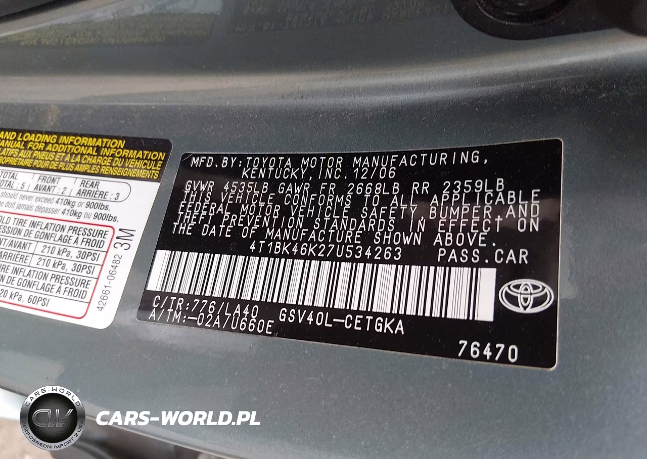 2007 Toyota Camry Xle V6 VIN:4T1BK46K27U534263 - 9