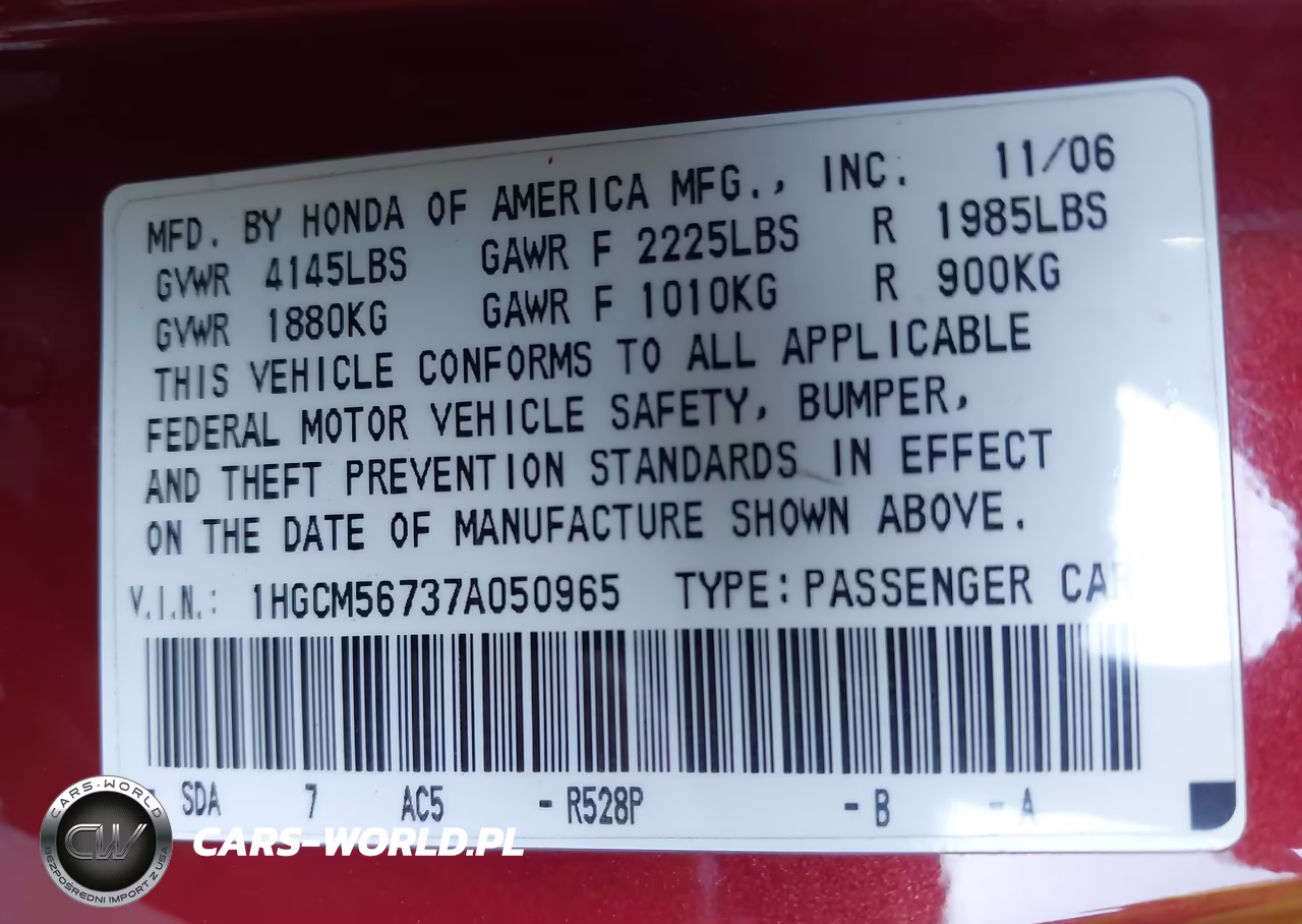 2007 Honda Accord 2.4 Ex VIN:1HGCM56737A050965 - 9