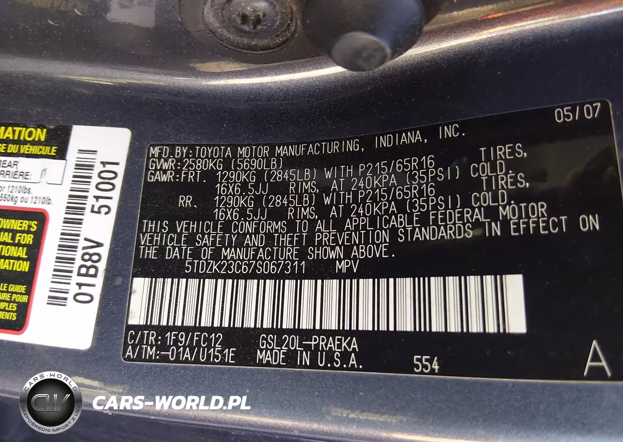 2007 Toyota Sienna Le VIN:5TDZK23C67S067311 - 9