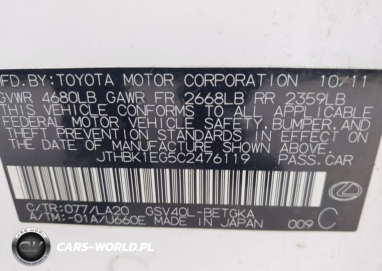 2012 Lexus Es 350 VIN:JTHBK1EG5C2476119 - 9