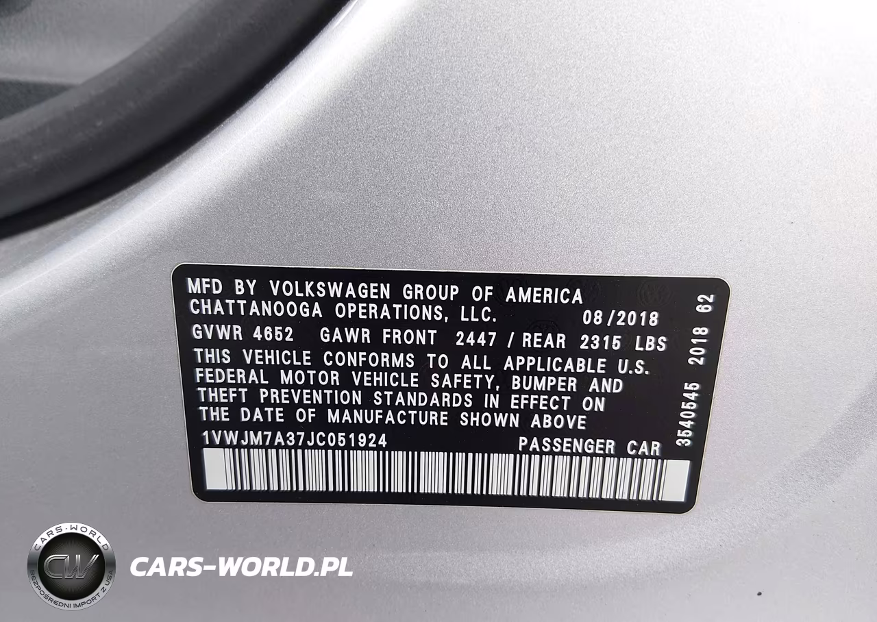 2018 Volkswagen Passat 3.6L V6 Gt VIN:1VWJM7A37JC051924 - 9