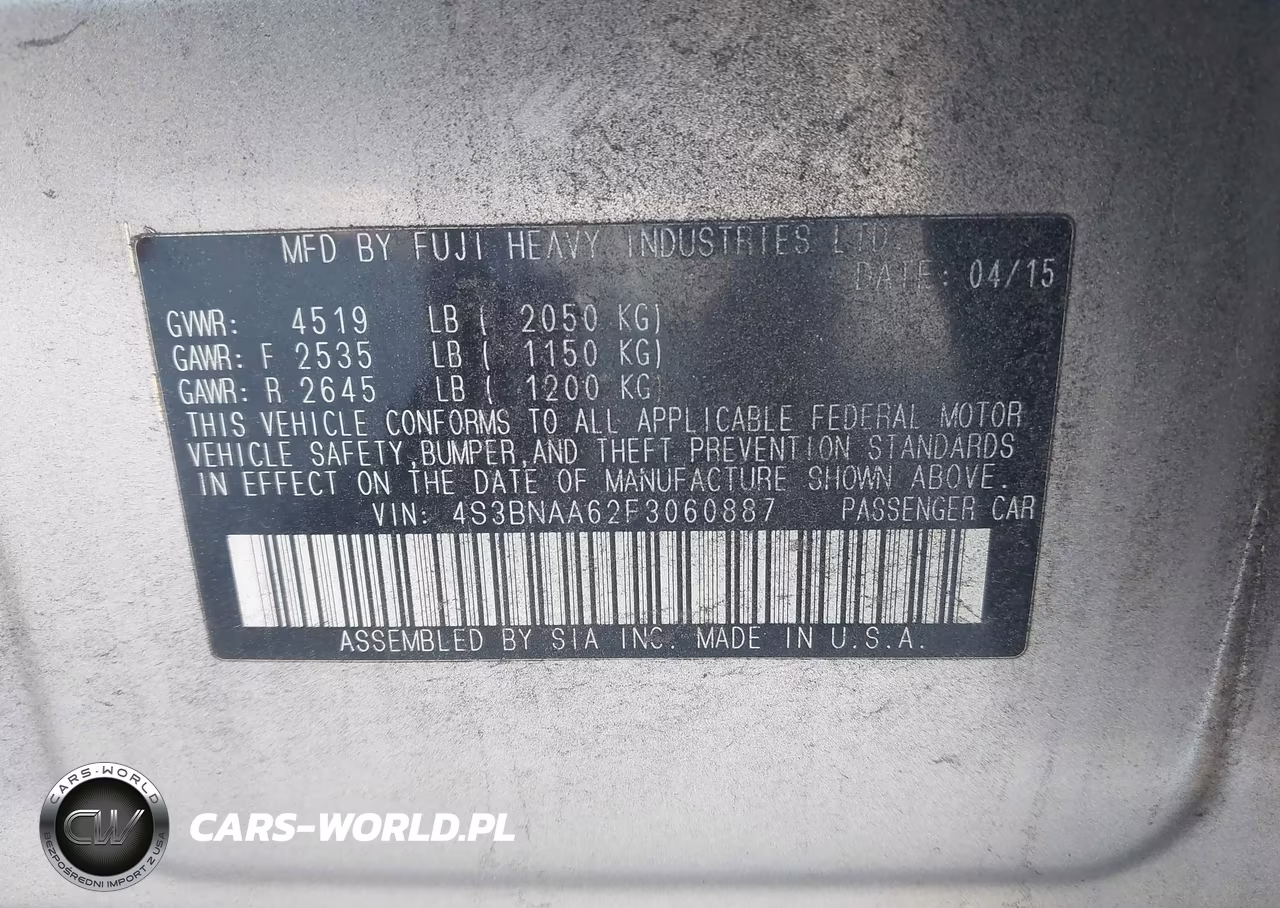 2015 Subaru Legacy 2.5I VIN:4S3BNAA62F3060887 - 9
