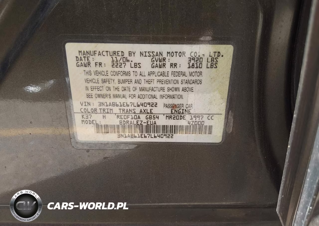 2007 Nissan Sentra 2.0S VIN:3N1AB61E67L640922 - 9