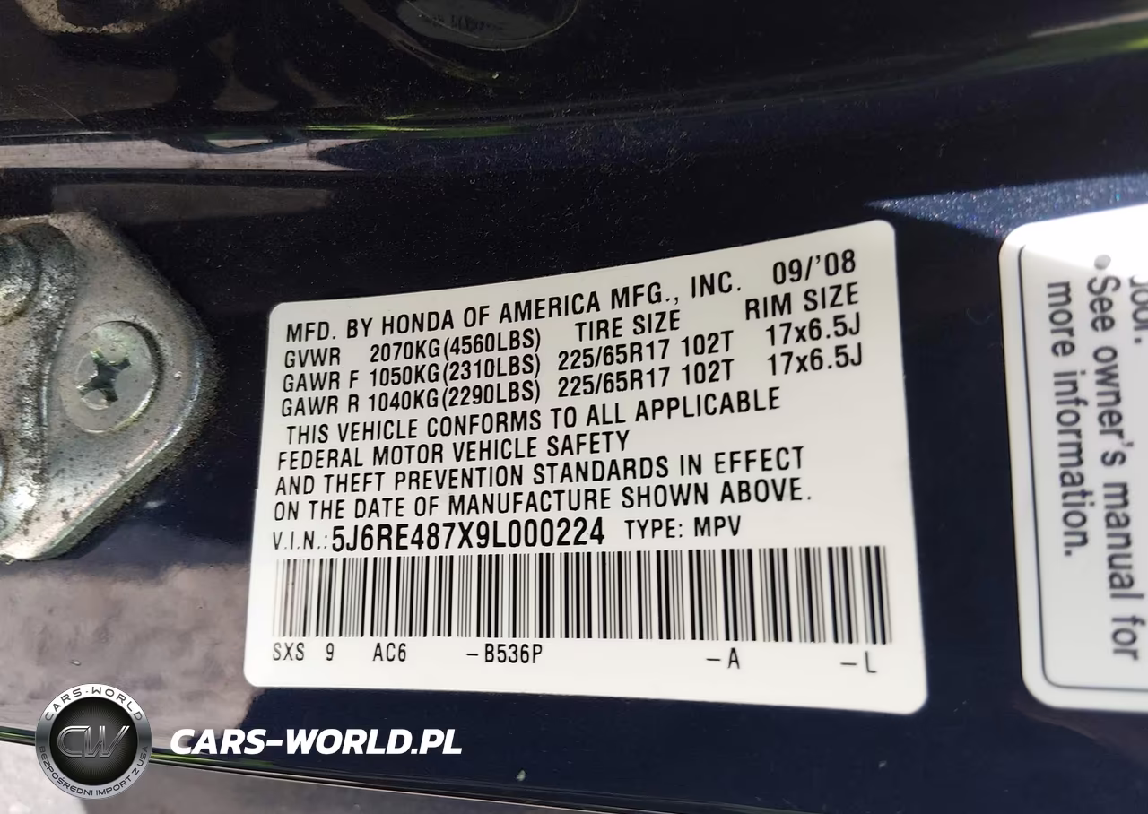 2009 Honda Cr-V Ex-L VIN:5J6RE487X9L000224 - 9