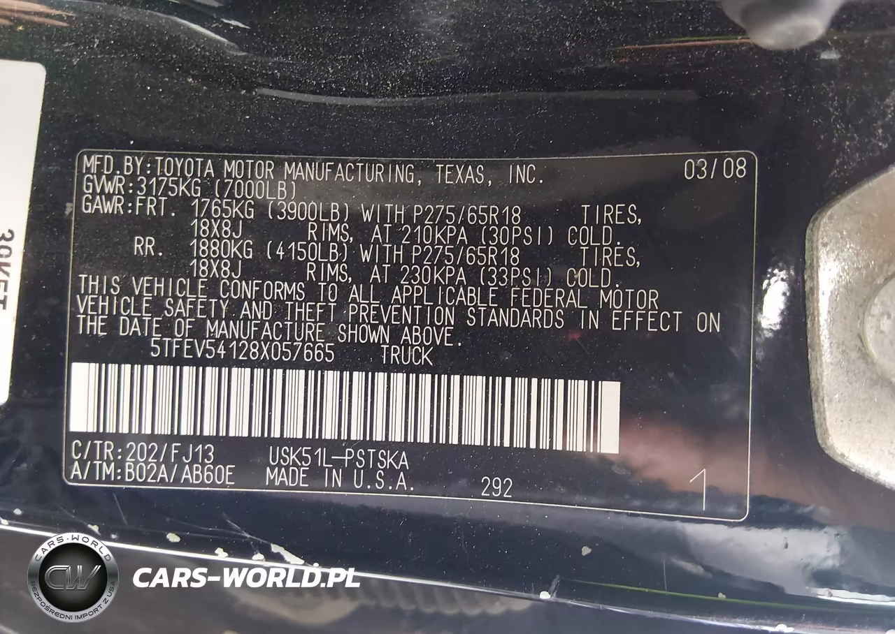 2008 Toyota Tundra Sr5 5.7L V8 VIN:5TFEV54128X057665 - 9