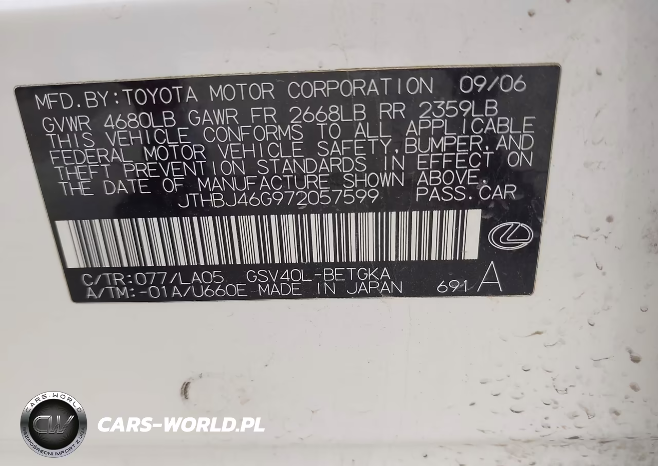 2007 Lexus Es 350 VIN:JTHBJ46G972057599 - 9