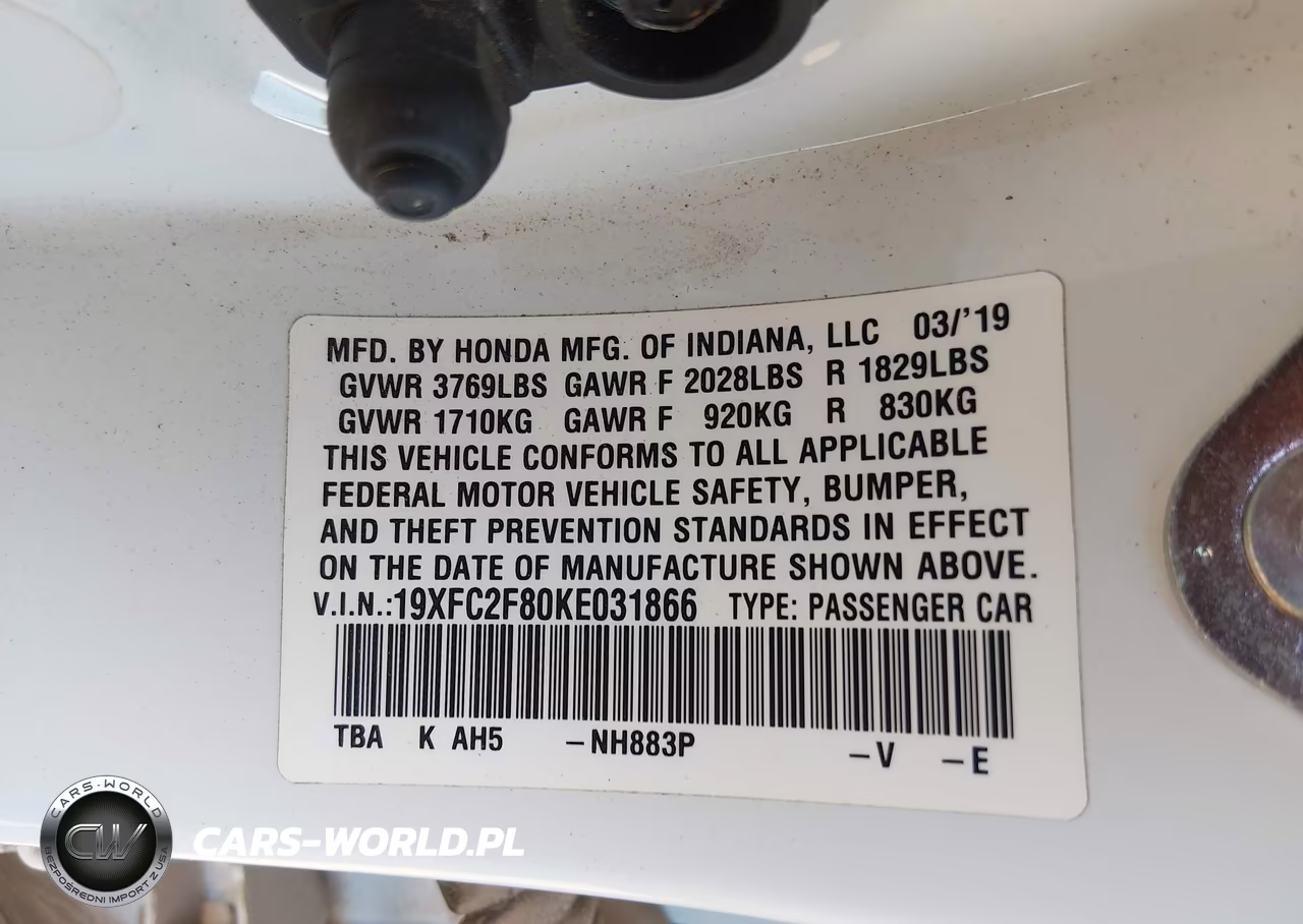 2019 Honda Civic Sport VIN:19XFC2F80KE031866 - 9