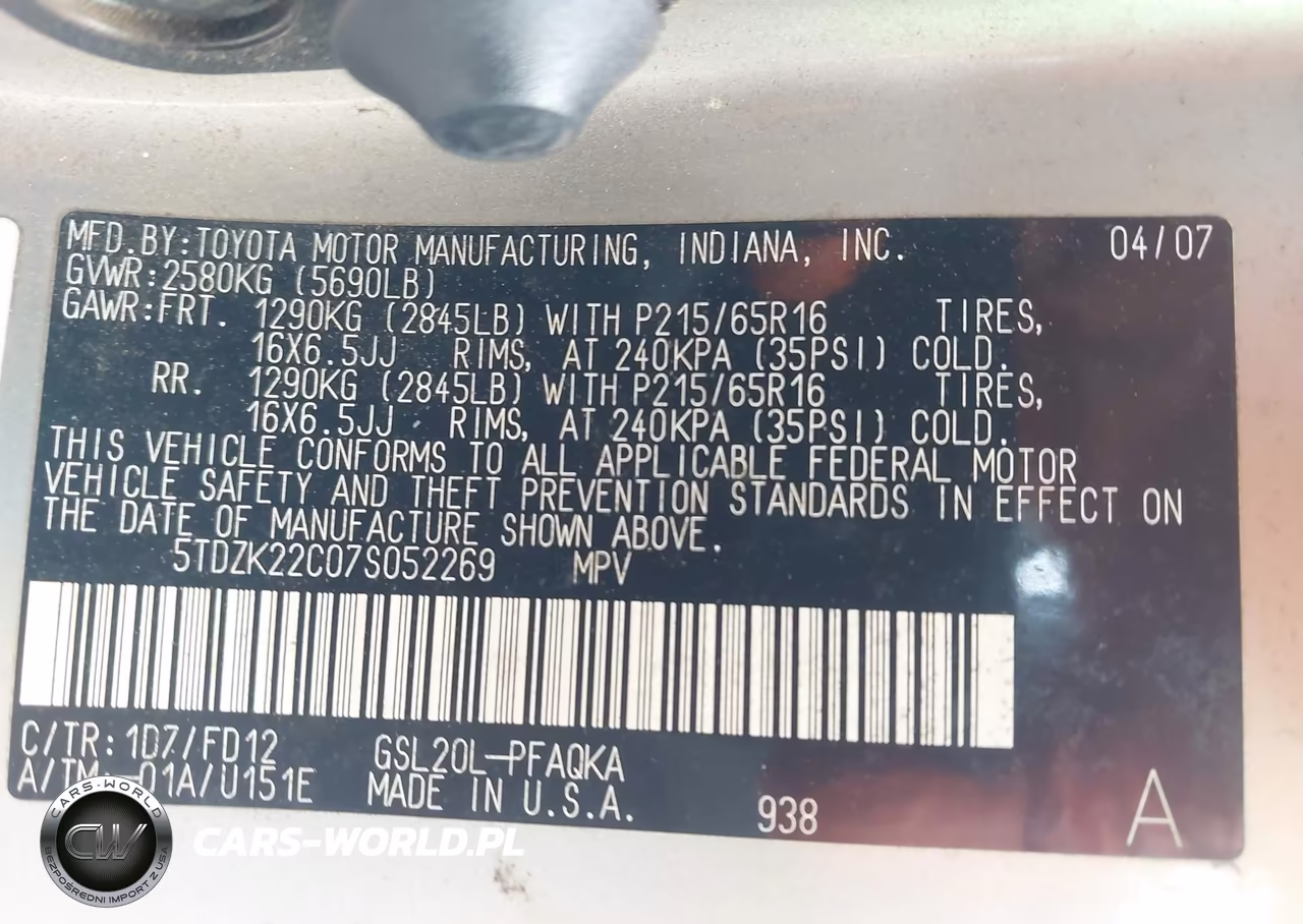 2007 Toyota Sienna Xle VIN:5TDZK22C07S052269 - 9