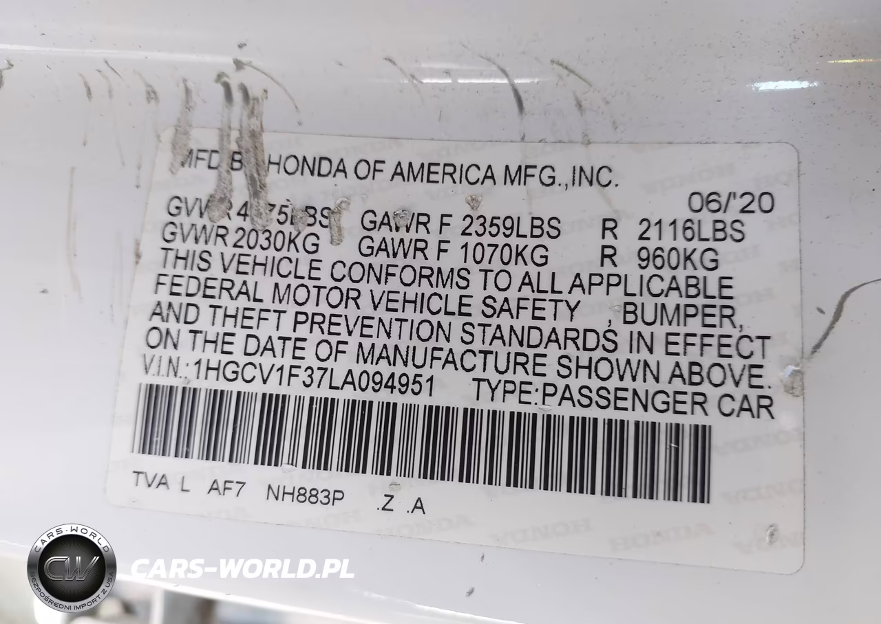 2020 Honda Accord Sport VIN:1HGCV1F37LA094951 - 9