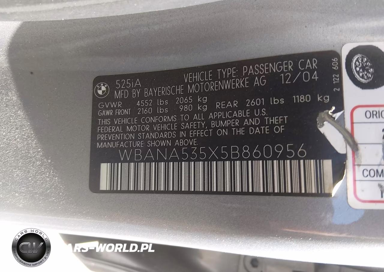 2005 BMW 525I VIN:WBANA535X5B860956 - 9
