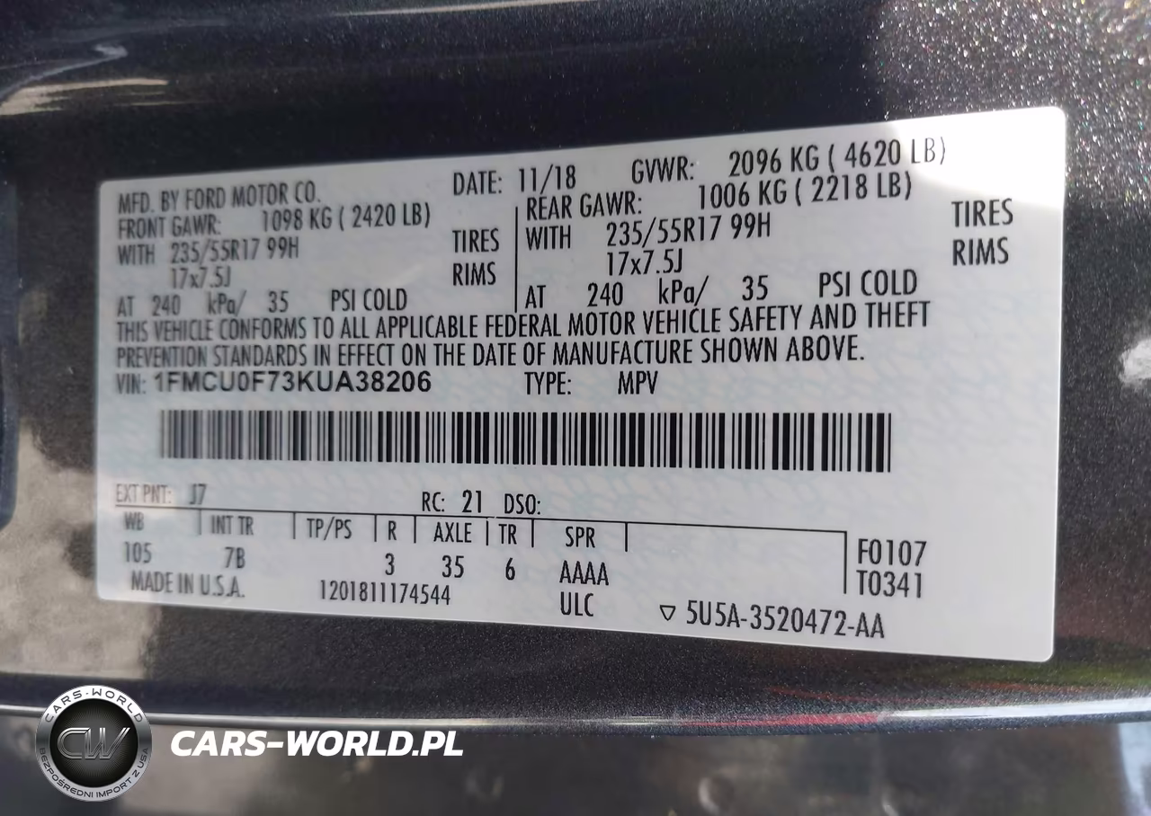 2019 Ford Escape S VIN:1FMCU0F73KUA38206 - 9