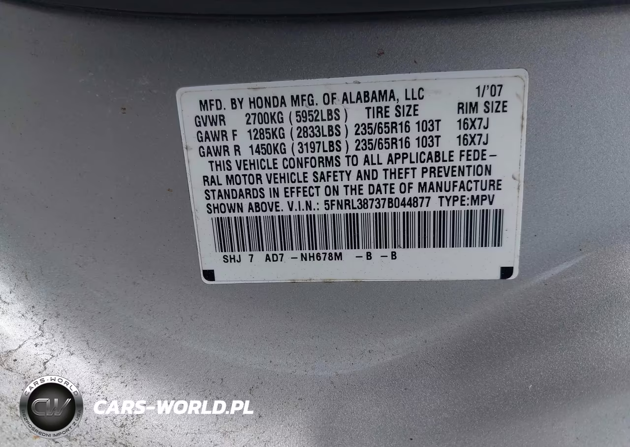 2007 Honda Odyssey Ex-L VIN:5FNRL38737B044877 - 9