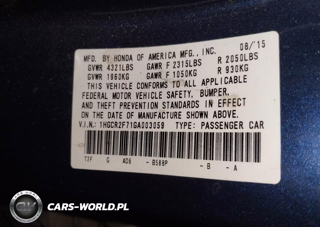 2016 Honda Accord Ex VIN:1HGCR2F71GA003059 - 9