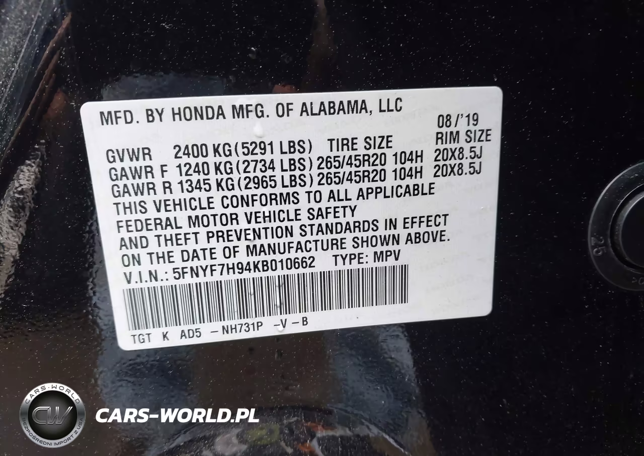2019 Honda Passport Touring VIN:5FNYF7H94KB010662 - 9