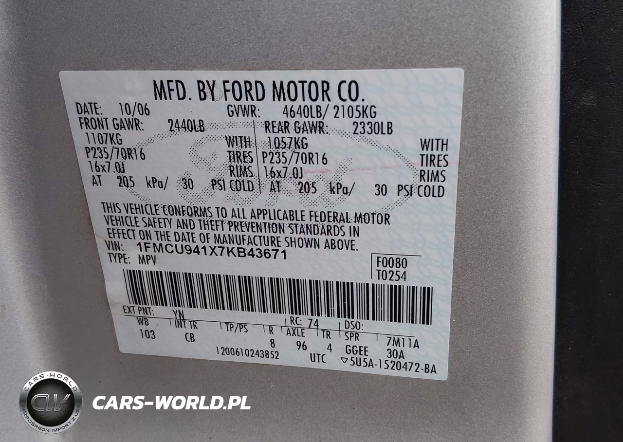 2007 Ford Escape Limited VIN:1FMCU941X7KB43671 - 9