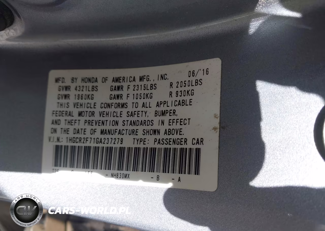 2016 Honda Accord Ex VIN:1HGCR2F71GA237279 - 9