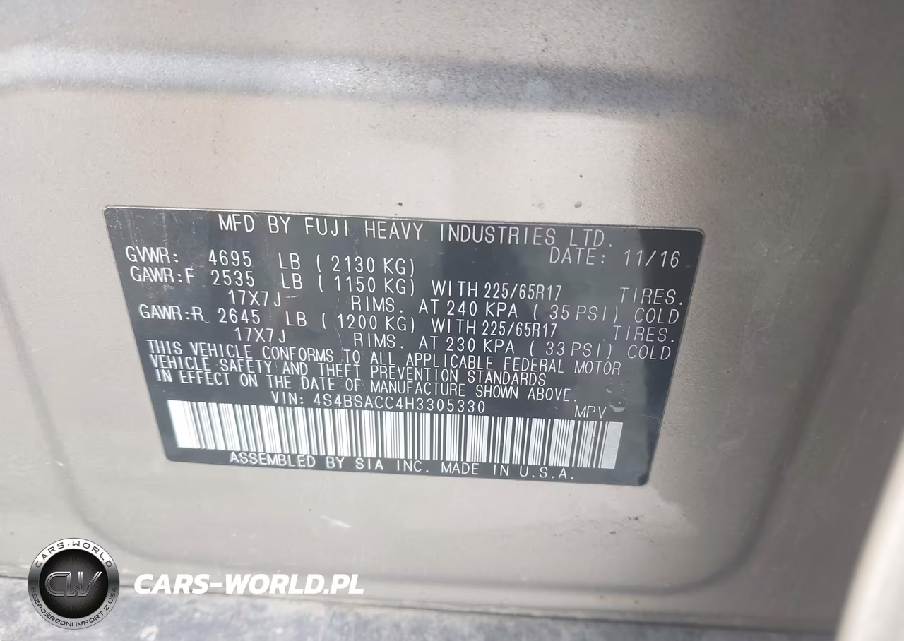 2017 Subaru Outback 2.5I Premium VIN:4S4BSACC4H3305330 - 9