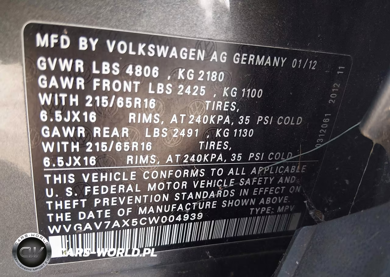2012 Volkswagen Tiguan Le VIN:WVGAV7AX5CW004939 - 7