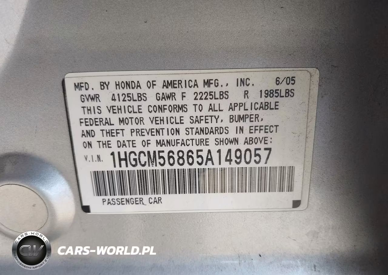 2005 Honda Accord 2.4 Ex VIN:1HGCM56865A149057 - 9
