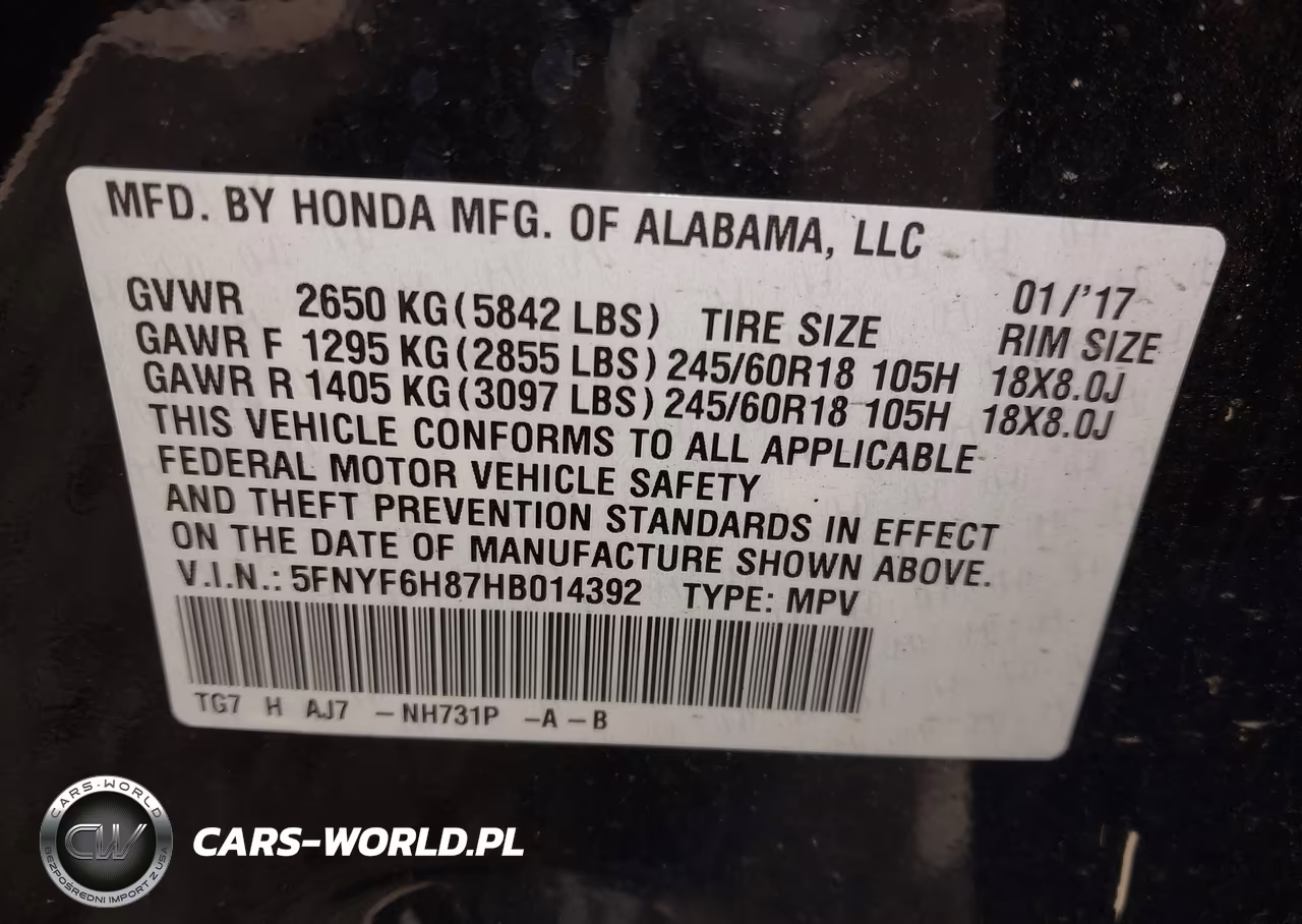 2017 Honda Pilot Ex-L VIN:5FNYF6H87HB014392 - 9