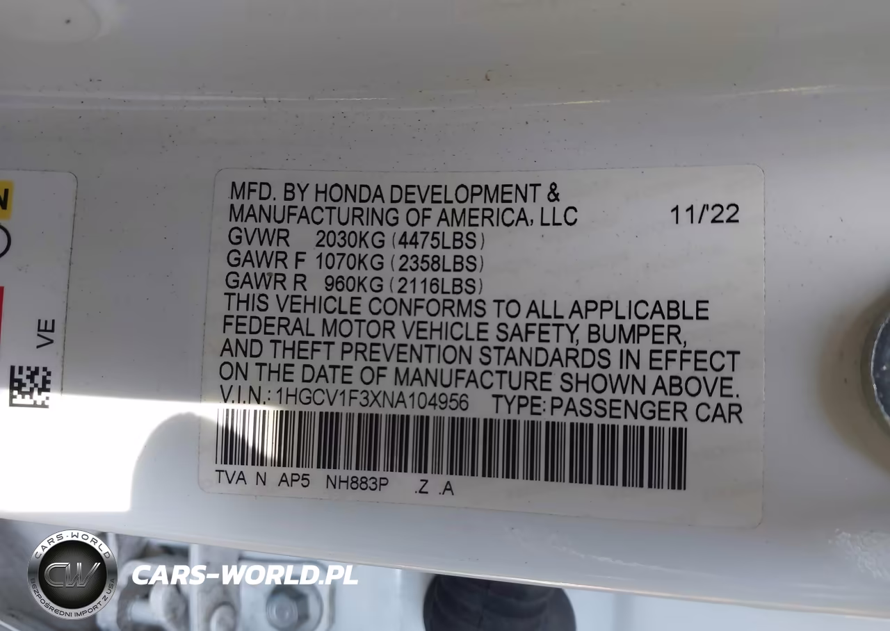 2022 Honda Accord Sport VIN:1HGCV1F3XNA104956 - 9