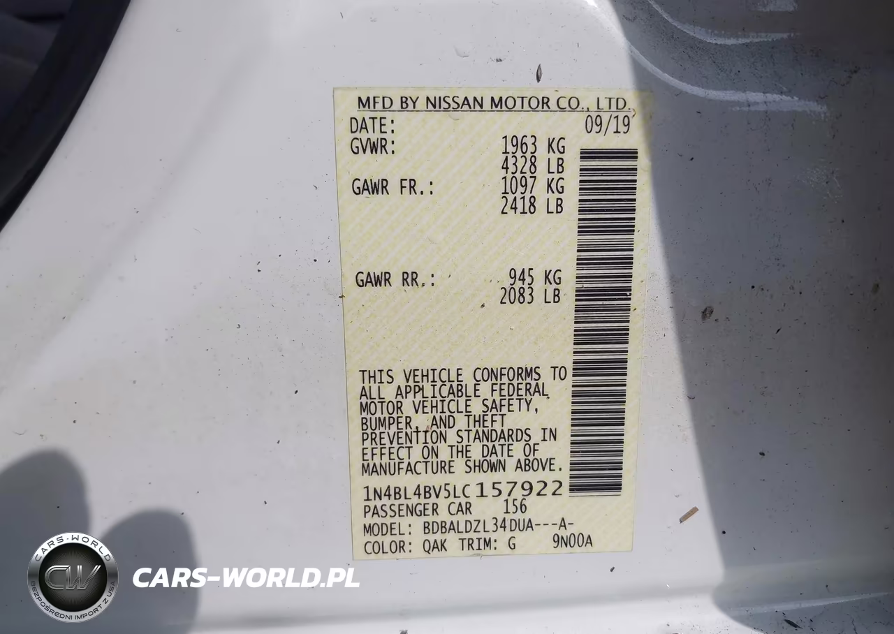 2020 Nissan Altima S Fwd VIN:1N4BL4BV5LC157922 - 9