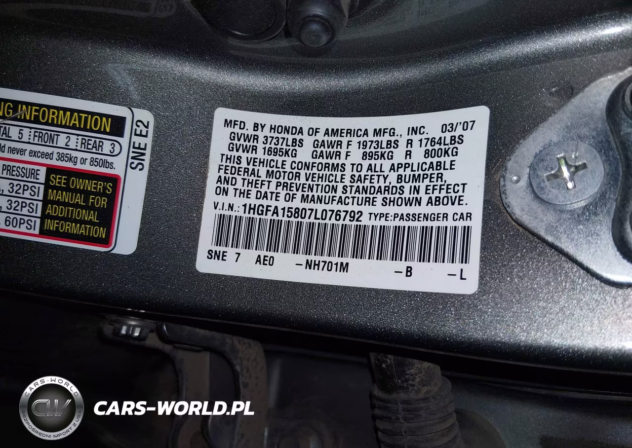2007 Honda Civic Ex VIN:1HGFA15807L076792 - 9