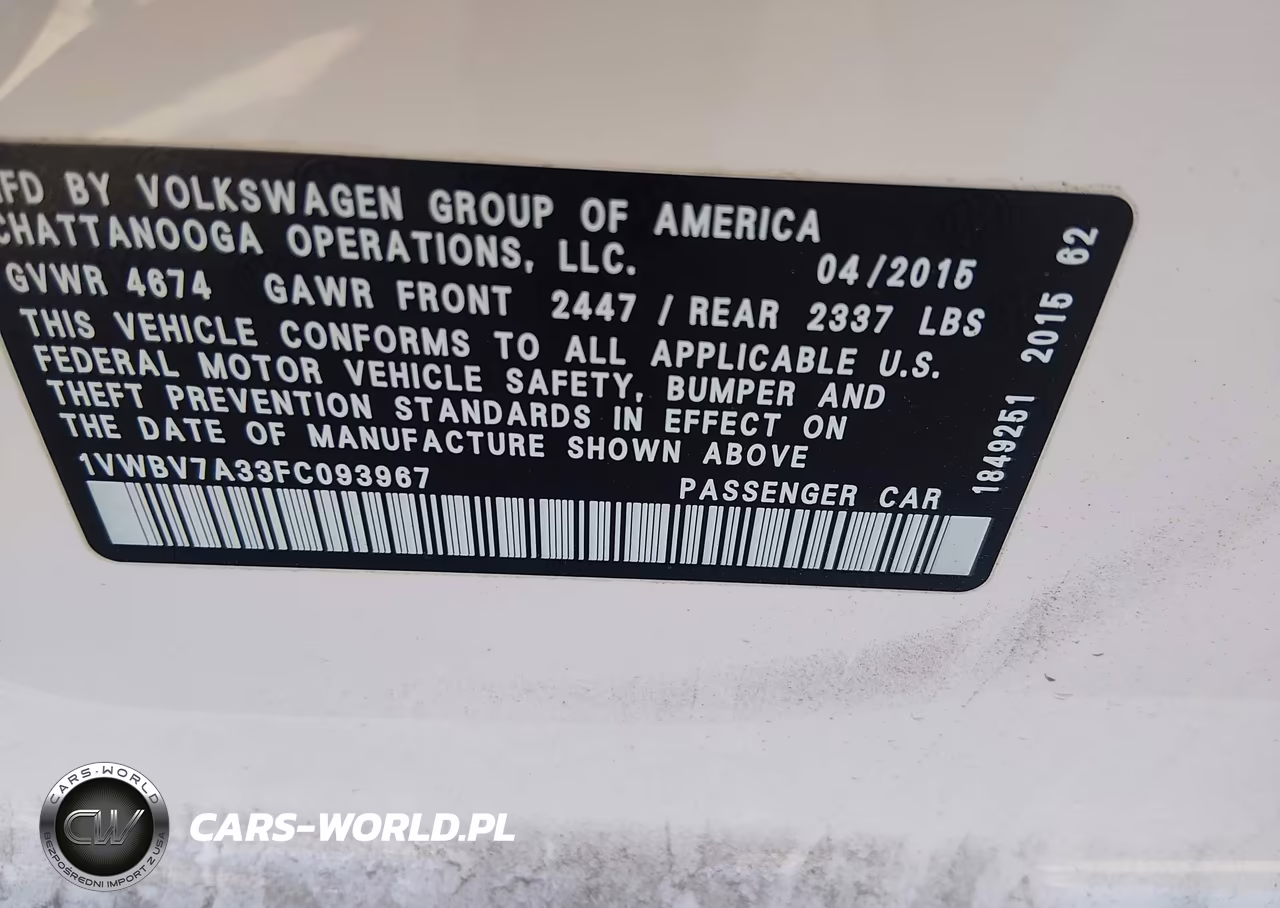 2015 Volkswagen Passat 2.0L Tdi Se VIN:1VWBV7A33FC093967 - 9