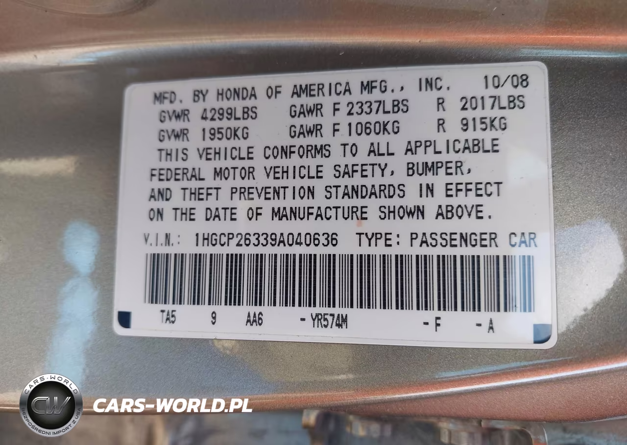 2009 Honda Accord 2.4 Lx VIN:1HGCP26339A040636 - 9