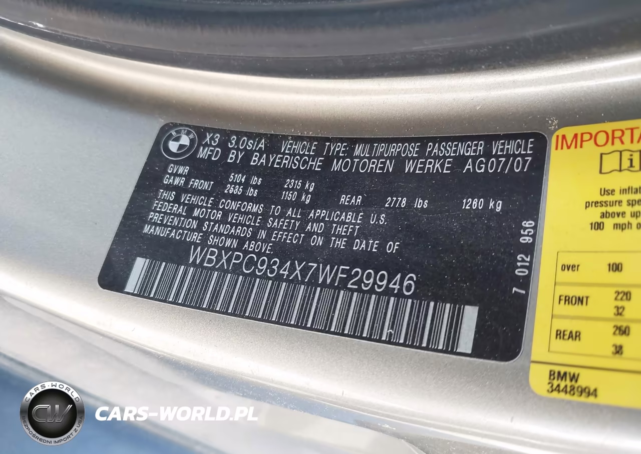 2007 BMW X3 3.0Si VIN:WBXPC934X7WF29946 - 9