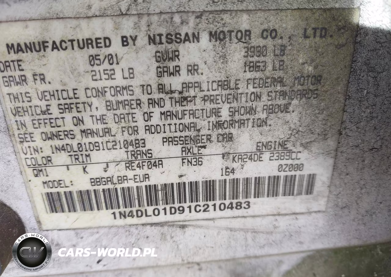 2001 Nissan Altima Gxe VIN:1N4DL01D91C210483 - 9