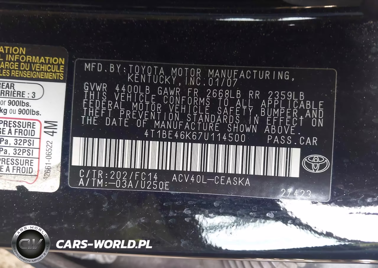 2007 Toyota Camry Se VIN:4T1BE46K67U114500 - 9